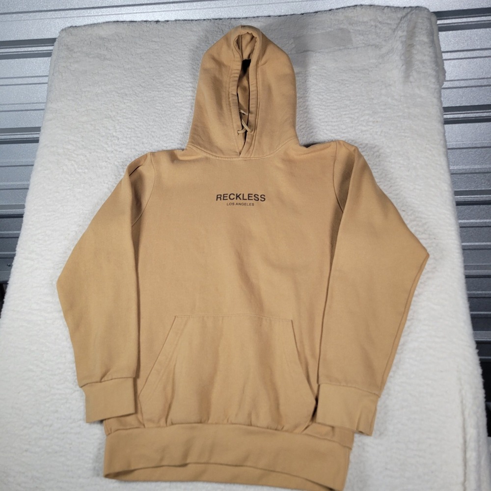 Young & Reckless Hoodie Mens Size S Tan Graphic Logo Pullover Sweatshirt Street